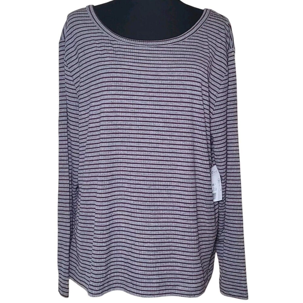 Jockey Ribbed Long Sleeve Top Stretchy Women's Size 3X Gray Burgundy Striped NEW